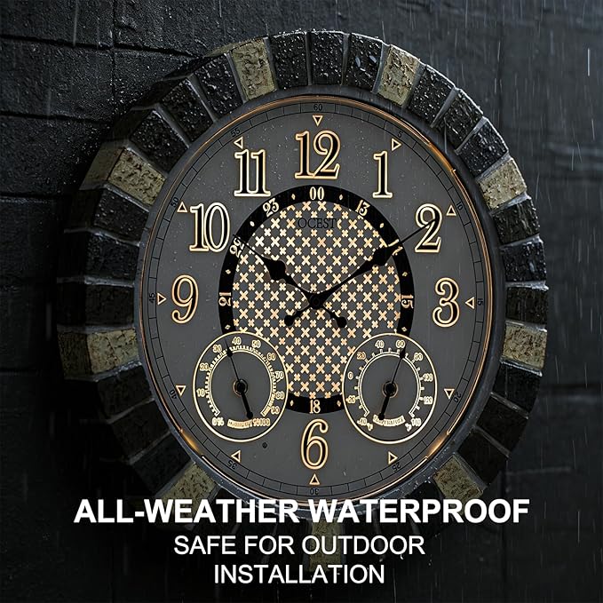 OCEST 18 Inch Outdoor Wall Clock with Night Light, Waterproof Thermometer & Hygrometer Combo, Battery Operated Silent Non-Ticking Large Patio Clock for Garden, Pool, Porch (Rustic Gray)
