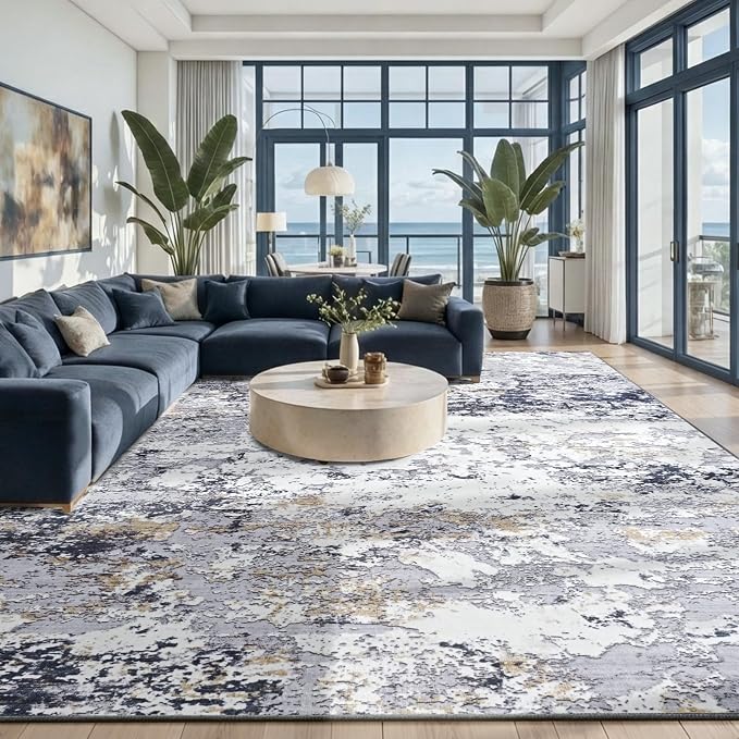 Toneed Washable 8x10 Area Rug with Non-Slip Backing for Living Room | Abstract Modern Rugs, Soft Low Pile Carpet for Bedroom Kitchen Dining Room Nursery Indoor Floor Home Decor, Blue White Gold