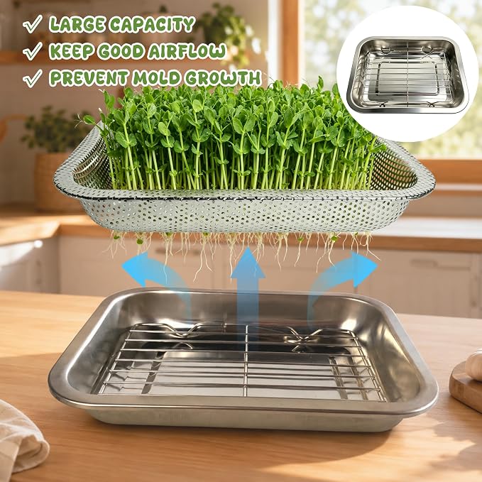 2 Pack Stainless Steel Seed Sprouter Trays, 2-Tier Soil-Free Microgreens Growing Kit, Rust-Free Sprouting Tray with Mesh Pads for Sprouts Beans Alfalfa Wheatgrass (10.6" * 7.9" * 1.9")
