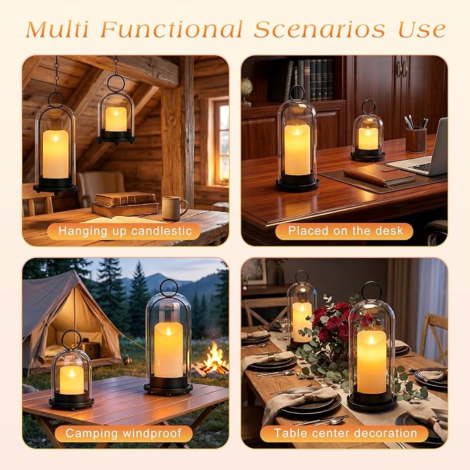 Fohil 5" & 4" Hurricane Glass Candle Holders, Set of 2 Metal Candle Holder with Handmade Sturdy Glass Dome, Candle Lantern for Pillar Candles, Plants, Table Centerpiece, Home Decor
