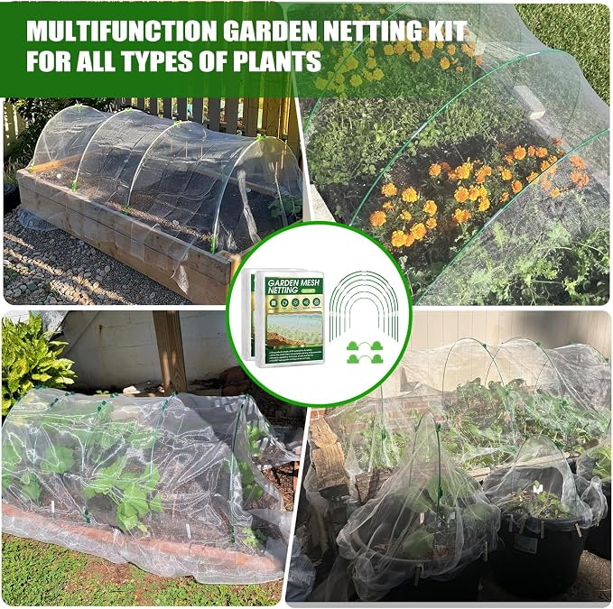 Garden Mesh Netting Kit, 10x30FT White Ultra Fine Netting & 8FT Fiberglass Garden Hoops with Support Bases, Garden Netting with Frame for Raised Beds, Garden Hoops & Netting, Row Cover, Plant Barrier