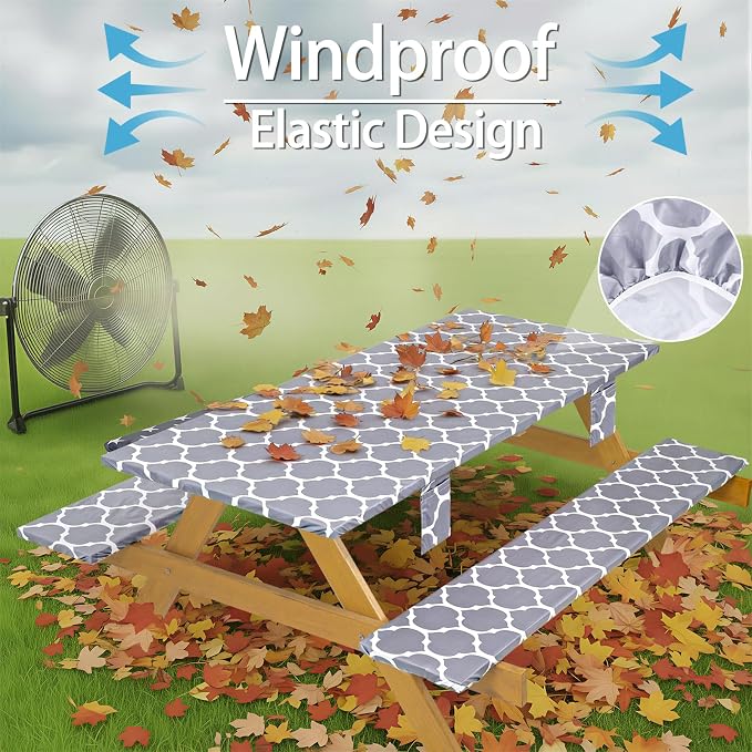 Fitted Waterproof Picnic Table Cover with Bench Covers Elastic Polyester 96In Camping Tablecloths for 8Foot Rectangle Tables Summer Fall Glamping Roadtrip Stuff Festival Vacation Items Gift