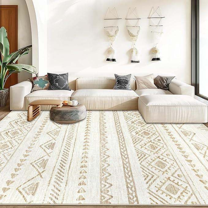 Area Rug for Living Room 9x12: Large Washable Boho Moroccan Rugs Geometric Neutral Rug, Non-Slip Foldable Morden Farmhouse Indoor Floor Carpet for Bedroom Dining Room Home(Beige Brown,9'x12')