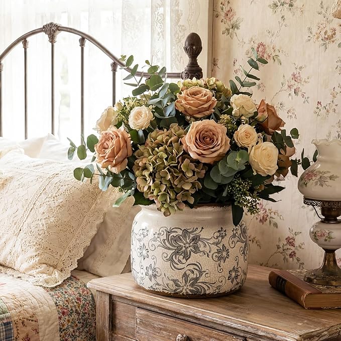 7.7" Large Vintage Ceramic Plant Pot with Baroque Floral Pattern Beige Gray Rustic Planter with Ice Crackle Glaze & Drainage Hole for Indoor Outdoor Plants Home Office Kitchen Decor Gift