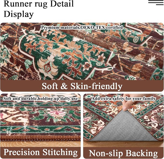 U'Artlines 3' x 20' Boho Hallway Runner Rug, Washable Carpet, Rust＆Teal | Non Slip, Vintage Farmhouse Accent Area Rug Carpet, for Bedroom, Dining Room, Laundry and Living Room