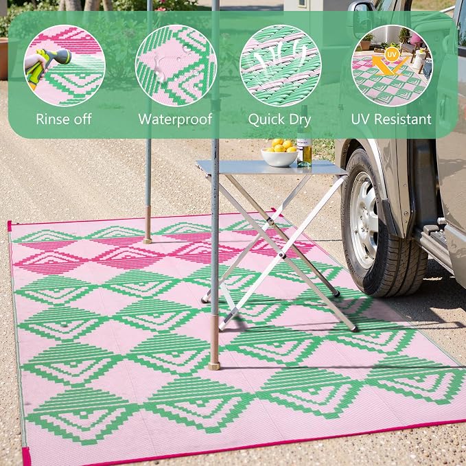 Lahome Waterproof Outdoor Patio Rug 9x12, Reversible Large Outdoor Rug for Patios, Camping Rugs for RV Backyard Deck Picnic Beach Trailer (Pink/Green, 9' x 12')