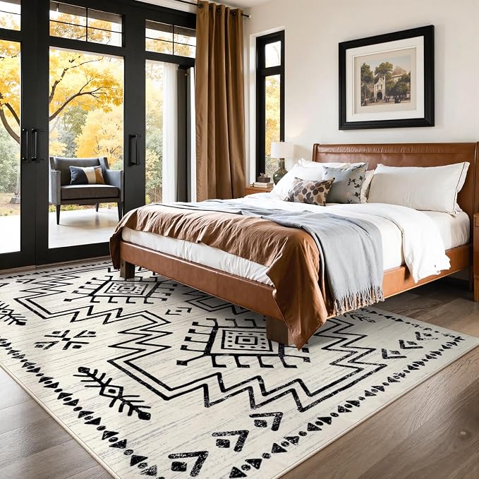 Lahome Moroccan Rug 8x10 for Living Room, Washable Western Rugs for Bedroom | Boho Soft Low Pile Carpet for Dining Room Table, Distressed Aztec Carpets for Office Home Decor (Ivory)