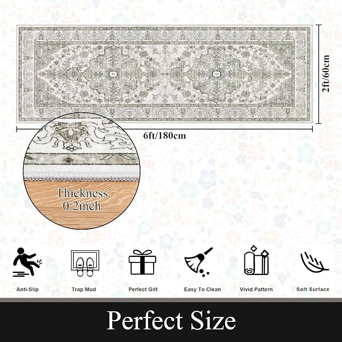 U'Artlines 2' x 6' Boho Hallway Runner Rug, Non Slip Runners, Grey Taupe | Washable, Vintage Farmhouse Kitchen Rug, Accent Area Carpet, for Entryway Laundry and Living Room