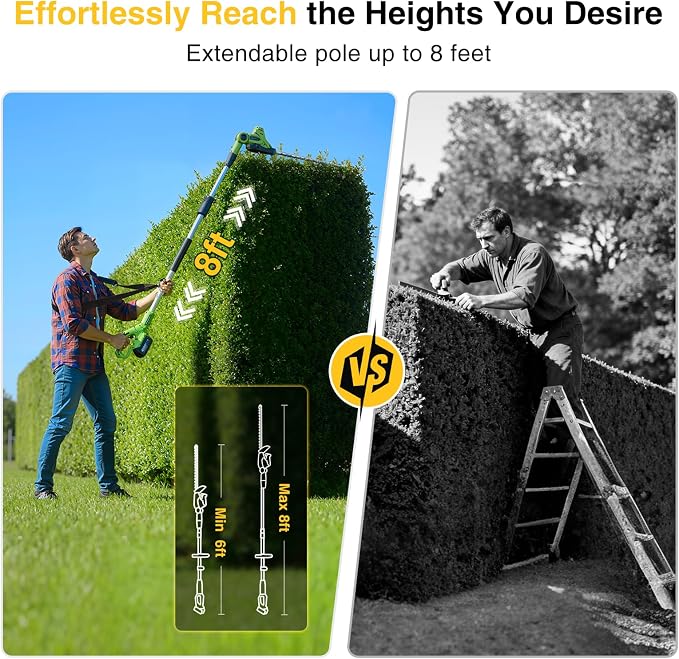 TaskStar Pole Hedge Trimmer Cordless: 20" Electric Long Reach Shrub & Bush Trimmer with Extension Pole, 2x4.0Ah Battery, Dual-Action Blade Hedge Clippers, 3000 SPM High-Speed Motor, 8-Feet Reach