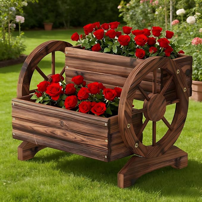 Wooden Wagon Planter Cute Garden Flower Pots Cart with wheels, Outdoor Decoration decor Indoor, Drainage hole, Garden decor for succulents herbs veggies for porch patio balcony (Carbonized, Medium)