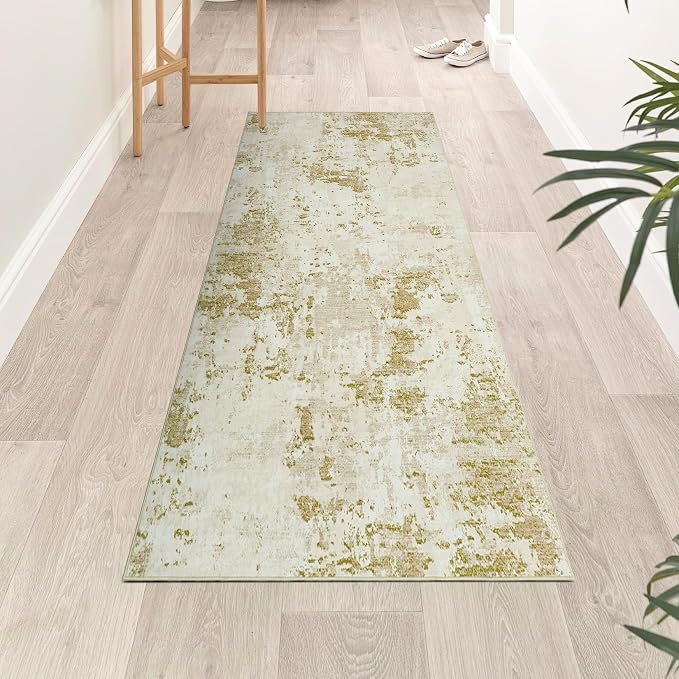 ROYHOME Modern Abstract 2x10 Runner Rug Washable Non Slip Stain Resistant Rug for Hallway Kitchen Bedroom Non Shedding Low Pile Indoor Floor Cover,Golden Grey