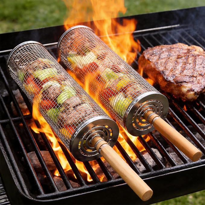 Rolling Grill Basket 2 Pcs, Removable Wooden Handle, 304 Stainless Steel, Smoker Grilling Accessories for Vegetable, Outdoor Cooking Camping, Birthday Gifts for Men Dad Husband (Large)