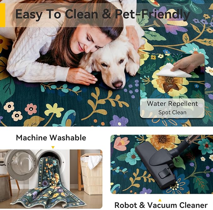 RELEANY Floral Washable 8x10 Area Rugs Teal/Purple | Flower Carpet, Print, Boho, Non-Slip, Easy to Clean, Soft, Low Pile for Living Room Bedroom Kitchen Office Entryway Hallway
