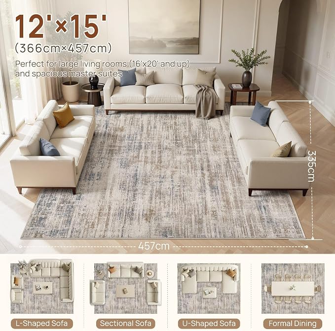 UERMEI 12x15 Area Rug for Living Room Washable Abstract Brown Carpet | Extra Large Soft Low Pile Stain Resistant Non Slip Kid Pet Friendly Open Floor Plan Rug For Bedroom Dining Office
