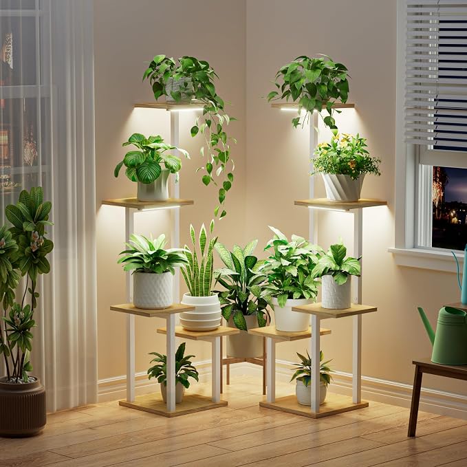 LATIBELL Plant Stand Indoor with Grow Light - 2 Pack Metal Plant Shelf for Indoor Plants Multiple, 5 Tiered Corner Plant Stand Shelves, Plant Rack Display Flower Holder for Living Room Patio (White)