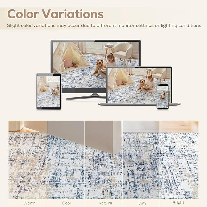 Nakagishi 8X10 Abstract Washable Area Rugs for Living Room-Blue Golden | Modern Non-Slip Silicone Backing Low Pile Soft Carpet for Bedroom Dining Decor Ideal for Families with Kids and Pets