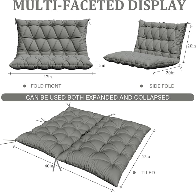Porch Swing Cushion with Backrest,Waterproof Bench Cushion for Outdoor Furniture,2-3 Seater Replacement Thickened 5 in swing cushion,with Ties,Patio,Outdoor,Backyard and Garden (Light Grey,47x40 in)
