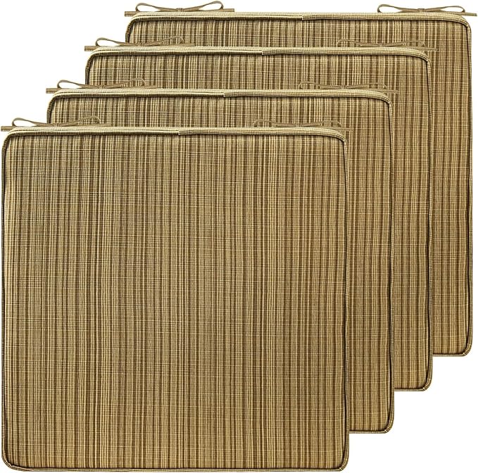 19 x 19 Inch Outdoor Chair Cushions with Tie Straps, Set of 4 Thick Water Repellent Square Patio Chair Pads for Garden Lawn Patio Furniture, Yellow Stripe