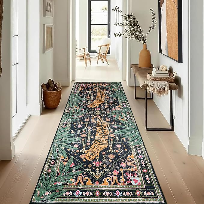 Oriental Tropical Hallway Runner Rug 2x8 Washable, Thin Stain Resistant Black Boho Runner Rug for Entryway Kitchen Bedroom Laundry, Vintage Abstract Hippie Botanical Long Floor Carpet