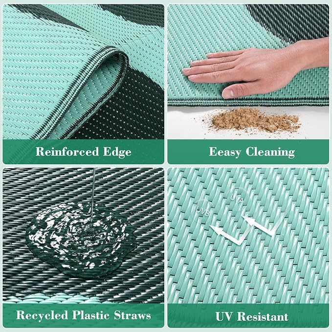 Lahome Green Outdoor Rug 8x10 Waterproof, Coral Sea Funky Pool Rv Rugs for Outside, Portable Plastic Straw Camping Carpet for Beach Picnic Patio Deck Porch, Green 8'x10'