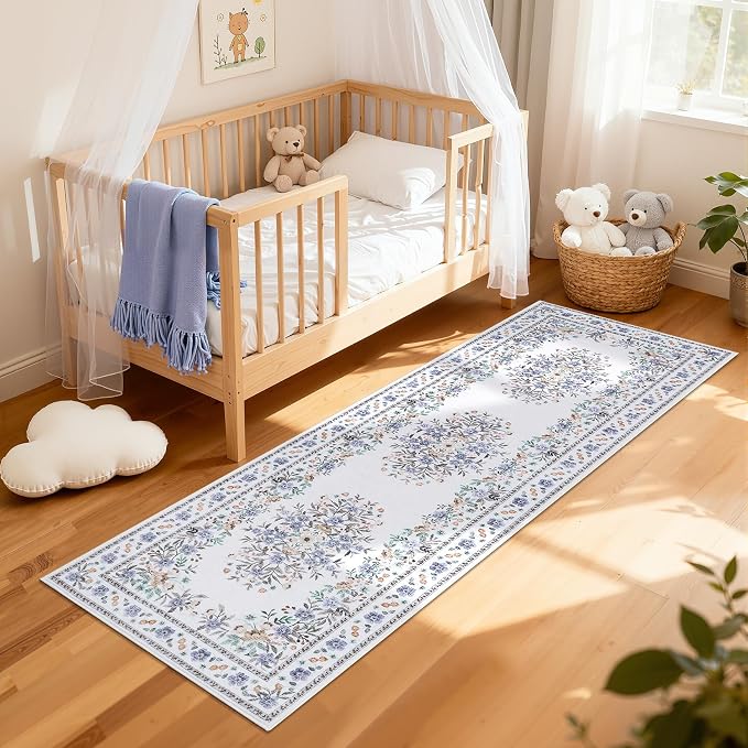 GarveeHome 2x6 Floral Runner Rug for Nursery Vintage Flower Runners | Washable Non-Slip Low Pile Botanical Floor Carpets for Bedroom Multi-Color Floral Area Rugs for Hallway Kitchen Beige