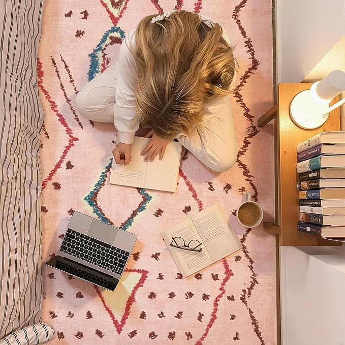 jinchan 2x3 Hot Nerd Rug Modern Boho Geometric Washable Entryway Rug, Pink | Abstract Pattern, Moroccan Inspired, Artistic Lines, Washable, Soft Texture, Non-Slip, Low Pile, Bedroom, Study Room