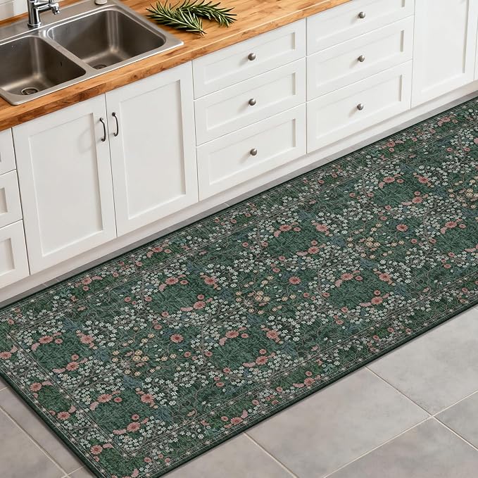 Washable 2'6" x 8' Runners for Hallways, Non Slip Long Floor Runner for Kitchen, Entryway Indoor, Stain Resistant Rubber Backing Floral Decor Rug (Green)