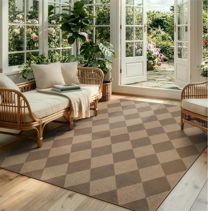 Lahome Checkered Easy Jute Indoor Outdoor Rug, 5x7 Area Rugs for Living Room Nature Large Dining Room Carpet, Washable Non Slip Indoor Outdoor Carpet for Home Office Bedroom Backyard Patio