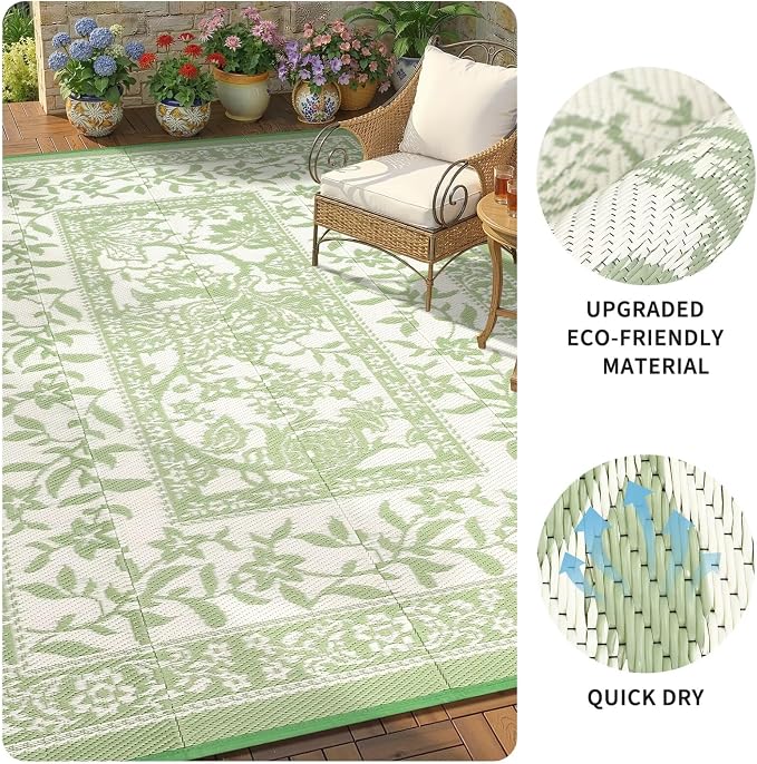 Garvee Outdoor Rug 5x8, Waterproof Reversible Foldable Plastic Straw Rug, Botanical Cottagecore Outdoor Rugs Patio Camping RV Carpet for Deck Camper Porch Balcony Backyard Picnic Beach Gray Sage Green
