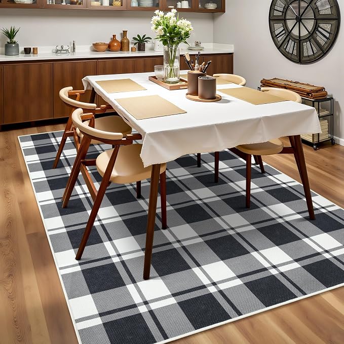 Checkered 4x6 Area Rugs, Jute Rug for Indoor Outdoor, Black/White | Washable Jute Area Rug With Non-Slip Backing, Low-Pile Texture, Farmhouse Geometric Pattern In Neutral White/Black, Durable