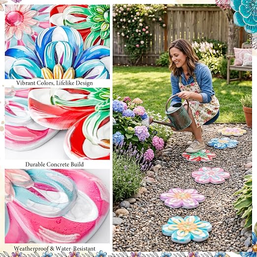 Landical 6 Pack Decorative Stepping Stones for Garden 10 Inch Cement Flower Stepping Stones Decoration for Patio Walkway Yard Outdoor (Flower)
