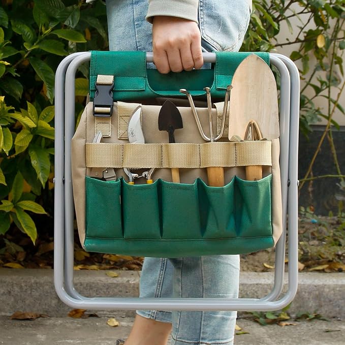 Folding Gardening Stool with Detachable Storage Tote Bag, Portable Garden Seat for Elderly Seniors, Heavy Duty Garden Chair for Gardening, Fishing, Camping, Outdoor & Indoor Use (Green+Khaki)