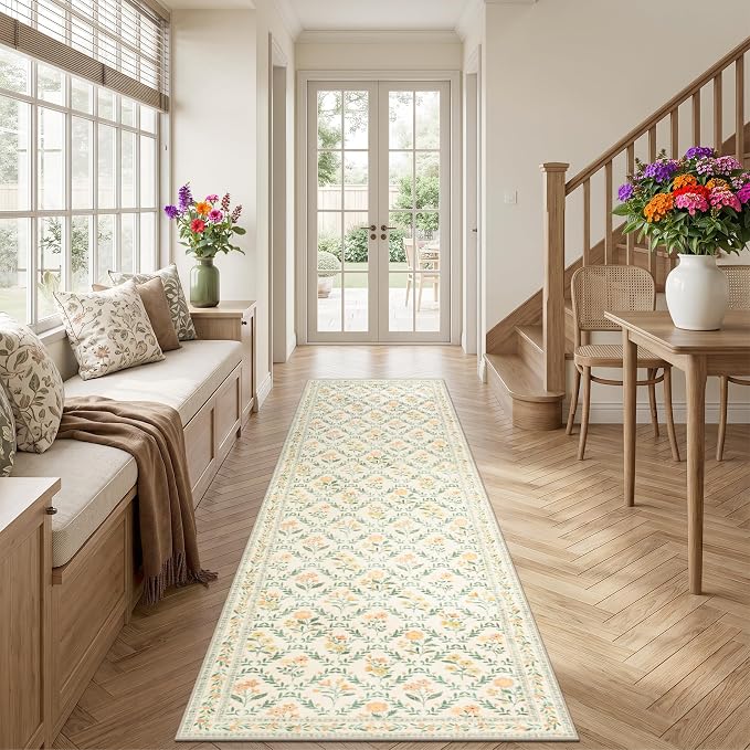 PLHXFR 3x10 Washable Runner Rug：Floral Indoor Kitchen Carpet Beige Multi | For Hallway Bedroom Kitchen Laundry Bathroom Dorm,Vintage Floral,Machine washable,Non Slip,Stain Resistant,Indoor Floor