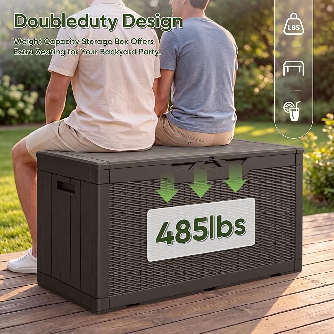 Flamaker Outdoor Storage Box 100 Gallon Waterproof Resin Deck Box Delivery with Air Rod Indoor Outdoor Lockable Storage Bench for Patio Cushions, Tools, Pool Accessories (Deep Brown)