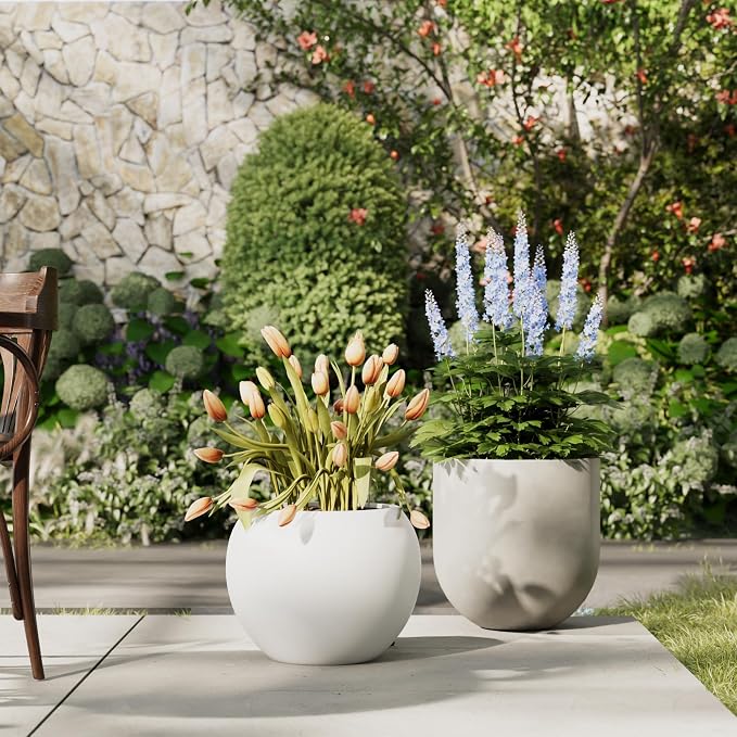 DTY Premium Mt Sherman Fiberstone Sphere Planter for Indoor Outdoor Use, Round Pot for Olive Tree, Lightweight, Smooth Finishes. 2 Extra Coco Mats. White, Large 21.1'' D x 16.7'' H. 14.6” Pot Opening