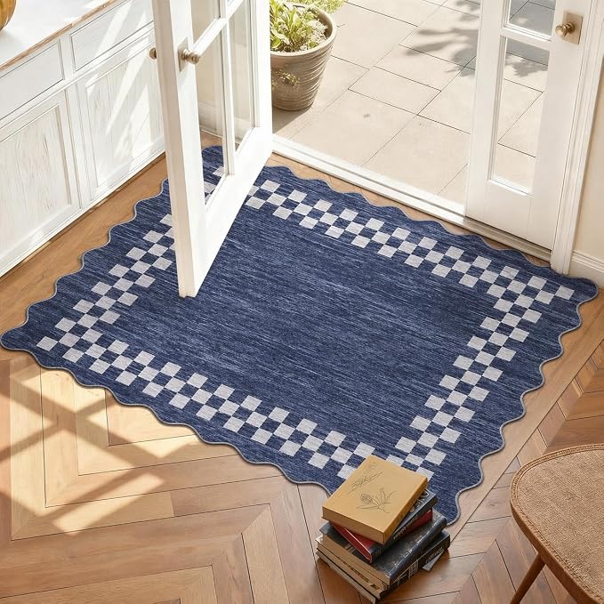 Small Area Rug 2x3 Modern Checkered Entry Rug Solid Color Scalloped Kitchen Rugs Washable Bedroom Doormat Non Slip Stain Resistant Bordered Throw Carpet for Living Room Nursery Laundry, Blue