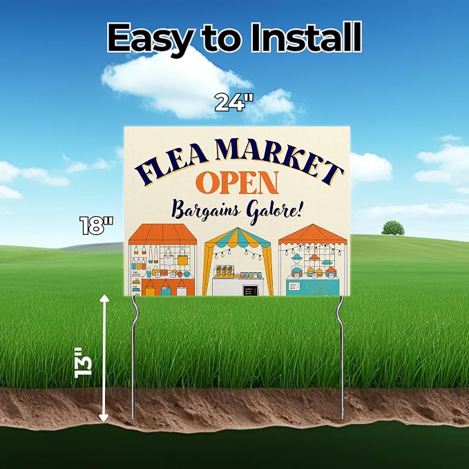 Flea Market Open - Bargains Galore! Yard Sign by DC | 24"x18" Double Sided Conv. Store Garden Sign with 13” Metal Stakes | Outdoor Signs Waterproof for Lawn, Patio, Sidewalk & House | Set of 1