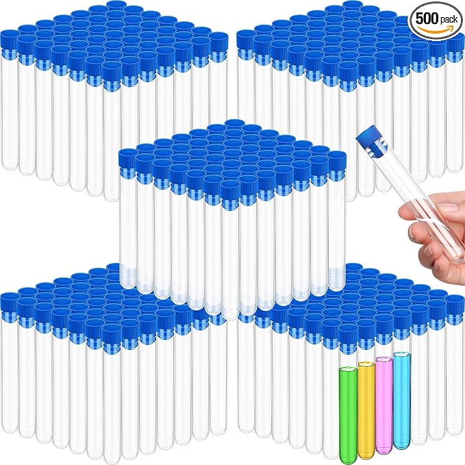 Xuhal 500 Pcs Test Tubes 10 ml Clear Plastic Test Tubes with Caps 16 x 100 mm Small Propagation for Scientific Experiments Plant Propagation Powder Spices Candy Storage (Blue Cover)