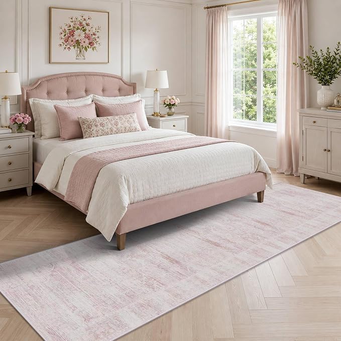 Latte&Fog Hallway Runner Rug 2x10 Non Slip Washable Pink Rugs for Kitchen | Low Pile Soft Cute Throw Rug Doormat for Entrance Bathroom Laundry Bedside Bedroom Nursery Playroom Hallyway Dorm Office