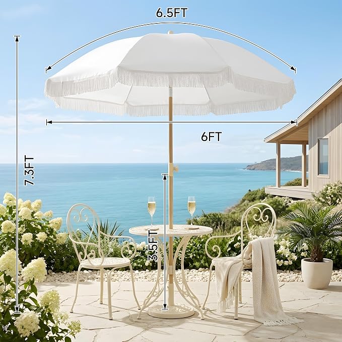 6.5FT Boho Patio Umberlla with Fringe,UPF50+ Outdoor Umbrella with Fiberglass Ribs and Push Button Tilt,Tassels Umbrella for Beach,Terrace,Picnic