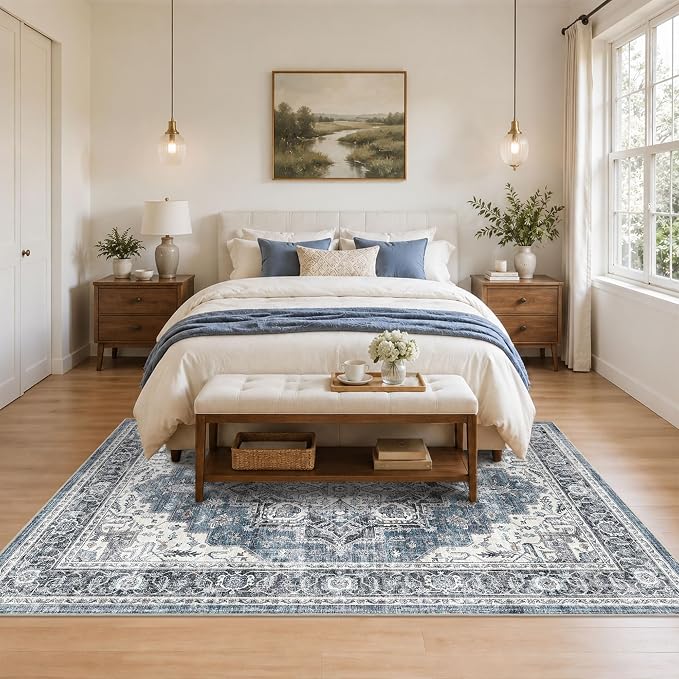 6x9 Area Rug for Living Room Soft Washable Vintage Area Rug | Non-Slip, Retro Print, Low Pile, Stain Resistant, Soft Washable Blue Carpet, for Bedroom, Dining Room, Nursery, Home Office