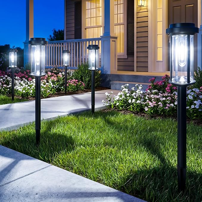 DERAYSION 12 Pack Solar Lights Outdoor, 21" Solar Pathway Lights Auto On/Off Waterproof Garden Lights for Path, Yard, Walkway, Driveway Decor, Cool White