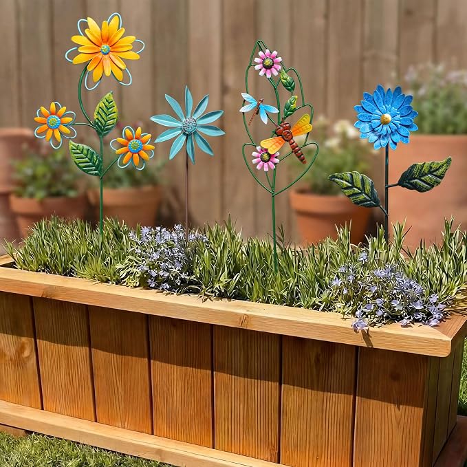 8 Pcs Metal Flower Yard Art for Outside Outdoor 14" 5d Summer Wildflowers Metal Sign Waterproof Garden Stakes Bird Dragonfly Windmill Landscape Decoration for Lawn Yard Garden Patio Porch