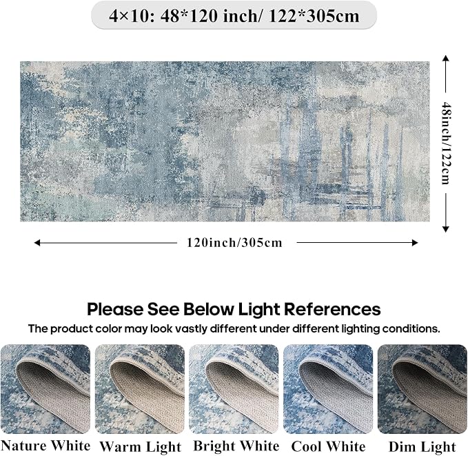 4x10 Modern Abstract Hallway Rug:Washable Wide Runner Rug Blue | Non-Slip Thin Rug for Kitchen, Living Room, Bedroom - Easy Clean Carpet for Long Spaces - Soft Low Pile Floor Mat 4x10 Blue