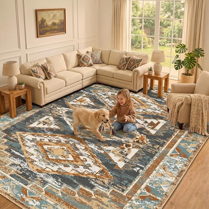 Washable 9x12 Area Rug for Living Room, Rustic Farmhouse Low-Pile Non-Slip Carpet, Stain Resistant Vintage Southwestern Large Rug for Bedroom Dining Room, Blue Rust Ivory