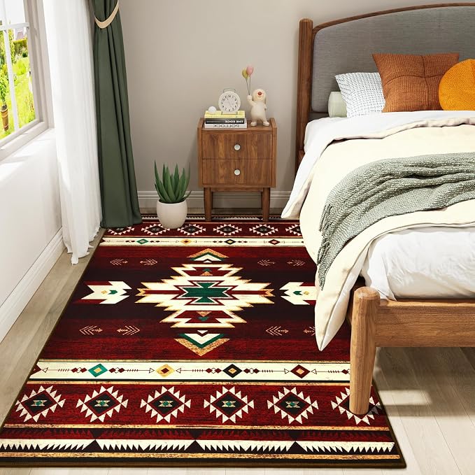 BENRON Western Rugs for Living Room Bedroom 3x5, Non Slip Washable, Red | Southwest aztec Throw Area Rugs for Dining Table Kitchen Home Decor