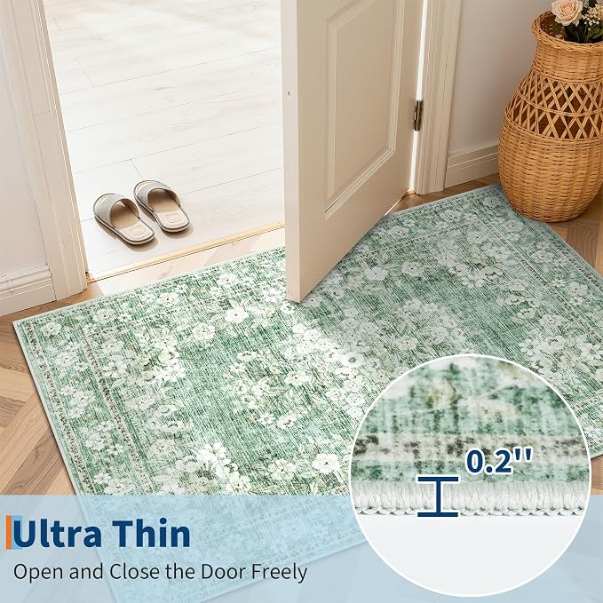 GarveeHome Beige 2x8 Runner Rug for Kitchen Leaf Flower Long Runners | Washable Vintage Distressed Floral Throw Rug for Hallway Low Pile Non-Slip Area Rug for Bathroom Porch Laundry Room
