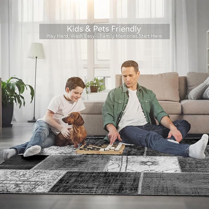 Nayoroom Modern Abstract Grey Distressed 8x10 Area Rug, Soft Faux Wool Washable Non-Slip Stain Resistant Rug, Geometric Patchwork Modern Design Rug for Living Room Bedroom.