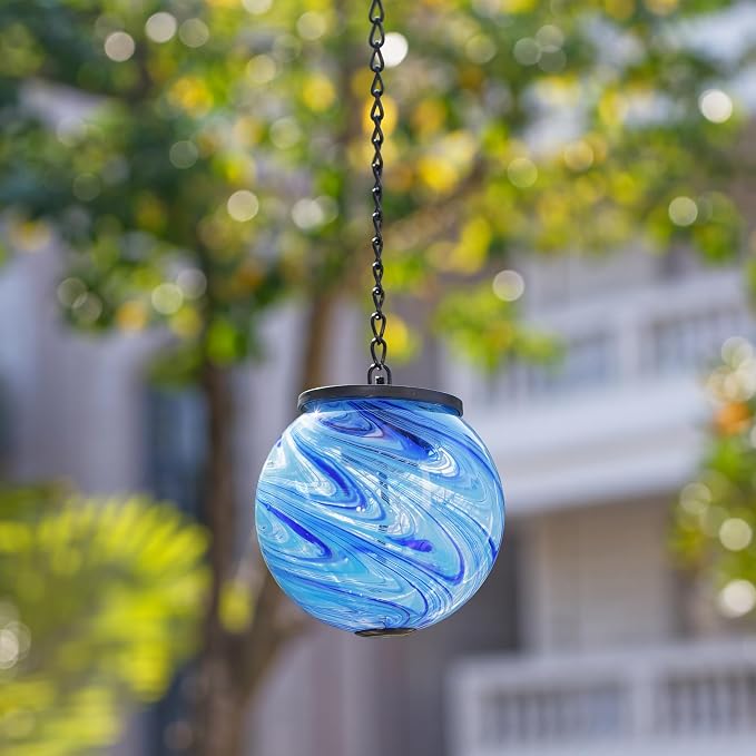 Solar Hanging Lanterns Outdoor, Solar Gazing Ball Lights, Waterproof Hanging Glass Light for Garden Yard Tree Home Xmas Decoration, Blue Swirl