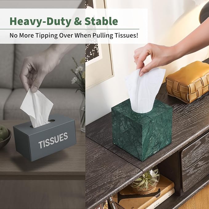 Real Natural Marble Tissue Box Cover, 5.5 Inch Square Marble Tissue Box Holder with Open Bottom, Heavy Stone Decorative Organizer for Bathroom Vanity, Kitchen Countertop, Luxury Home Décor